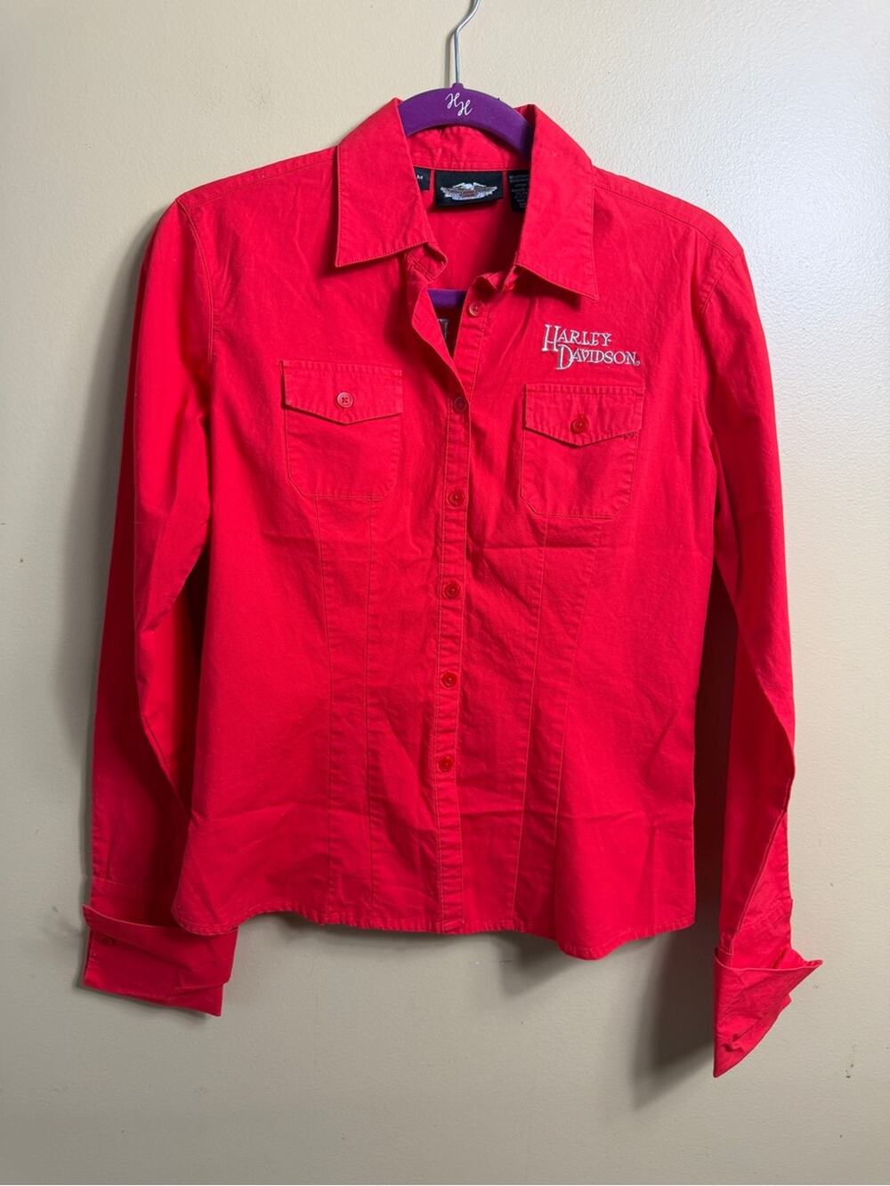 Vintage Y2K, red Harley Davidson, button-down shirt, medium